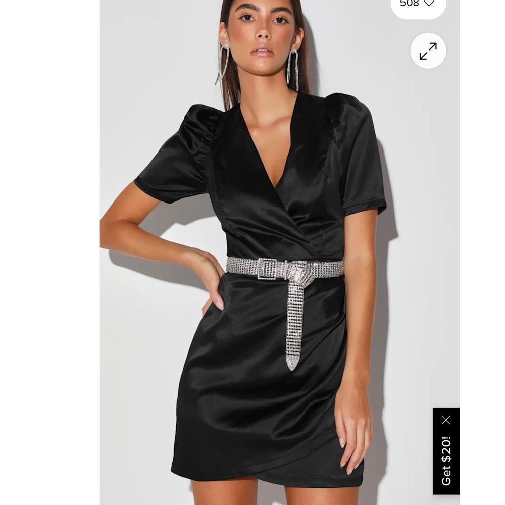 Lulus Black Ecstatic Evening Satin Puff Sleeve Ruched Mini Dress Small LBD